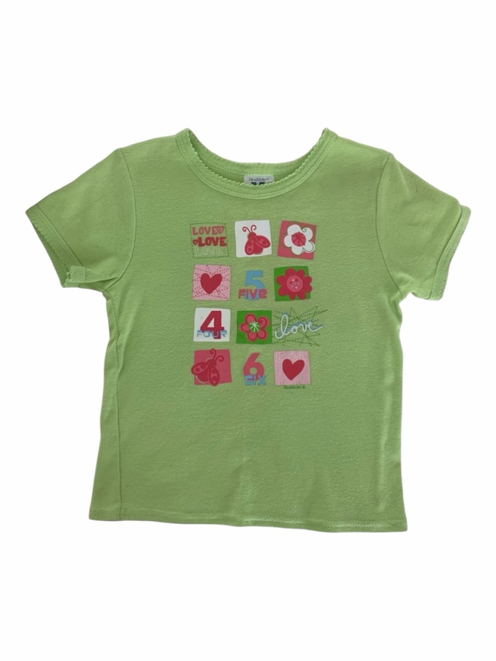 VTG Healthtex Shirt Girl 4 Lime Green Pink Scallop Neck Short Sleeve Hearts Love